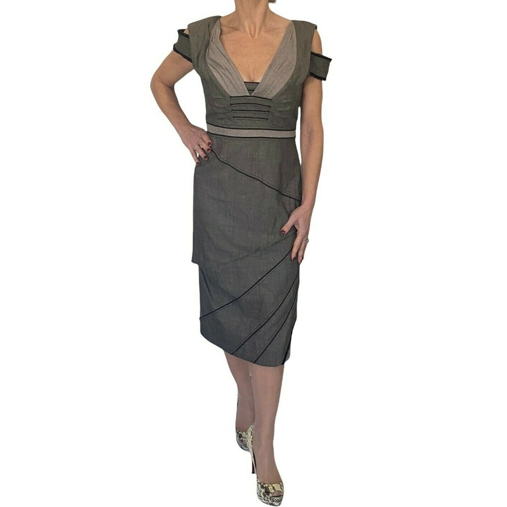 Zac Posen Womens Dress Brown Wool Cold Shoulder V- Neck Midi Sz 10 NWT $1350 - Picture 6 of 9